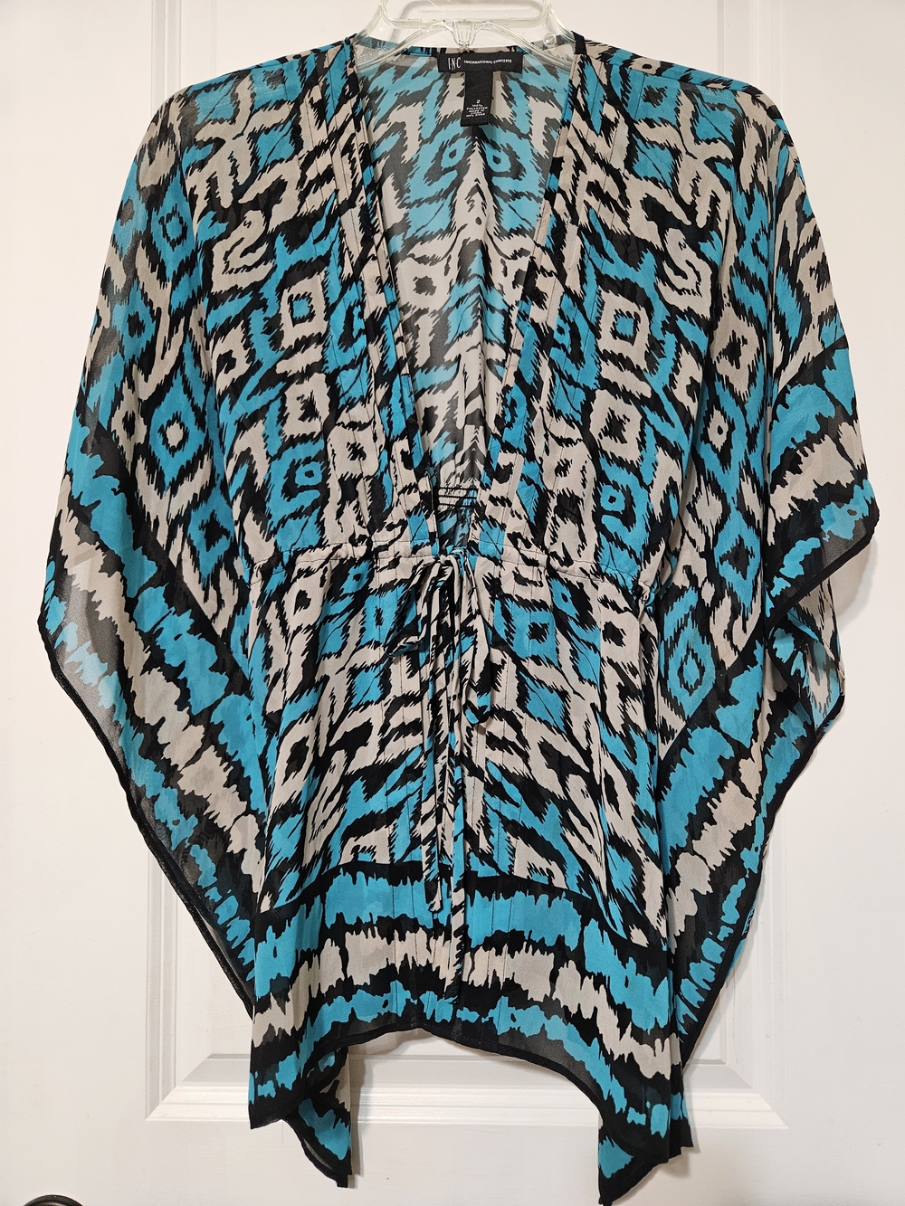 INC International Concepts Turquoise, Black and Gray Printed Sheer Coverup